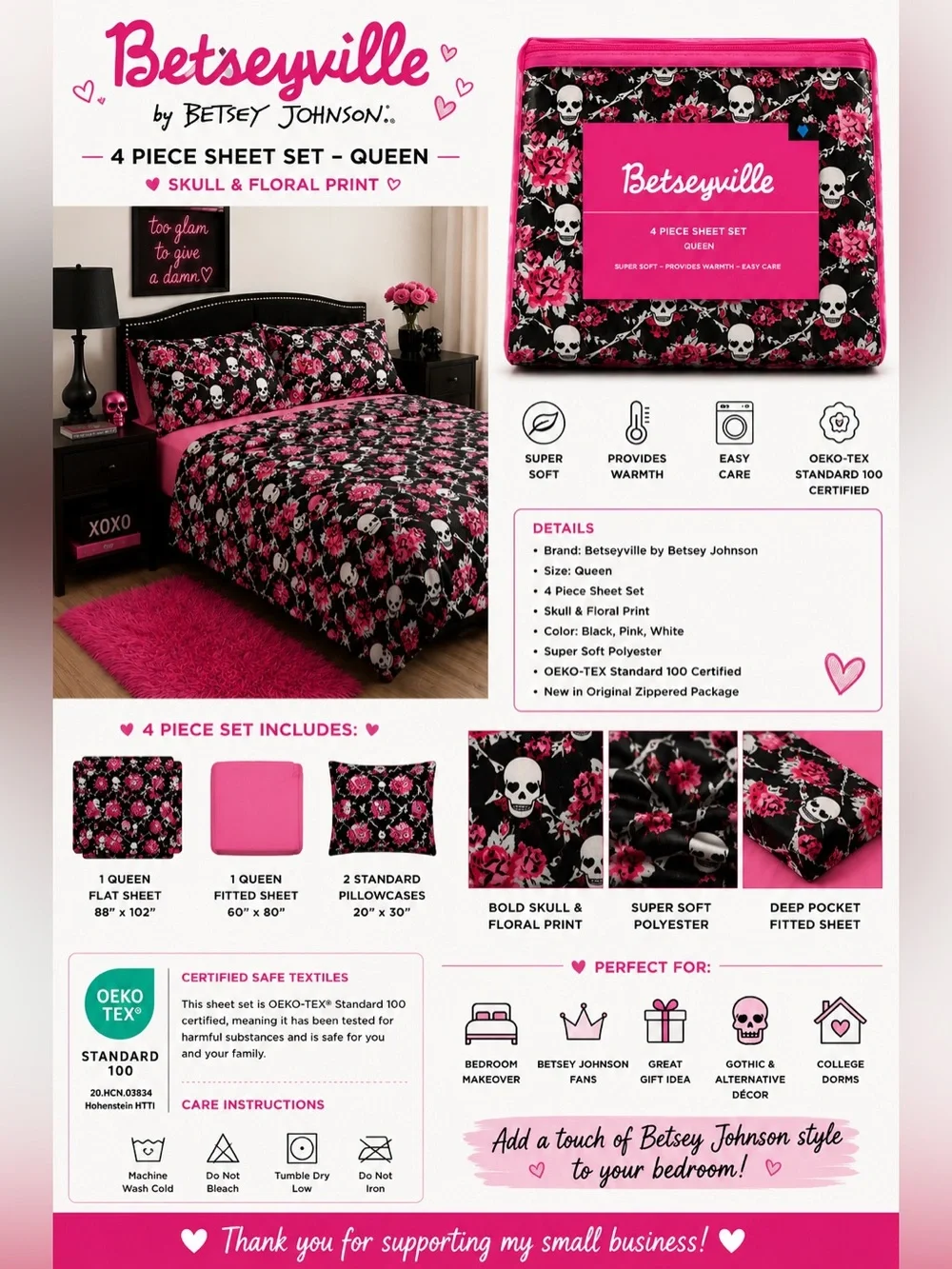 Betseyville by Betsey Johnson Queen 4 Piece Sheet Set Skull Floral Pink Black